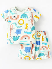 Baby cotton pajama set with colorful cartoon animal print.
