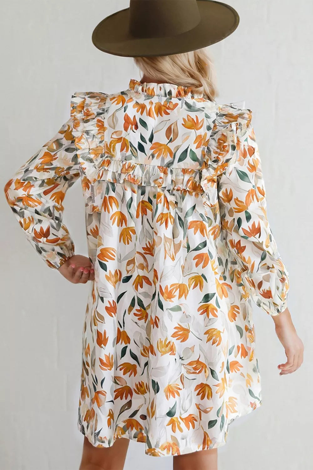 Bohemian Floral Print Ruffle Mini Dress in Sherbet, side view