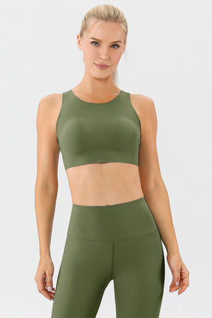 Green sculpted performance sports bra with a scoop neckline and racerback.