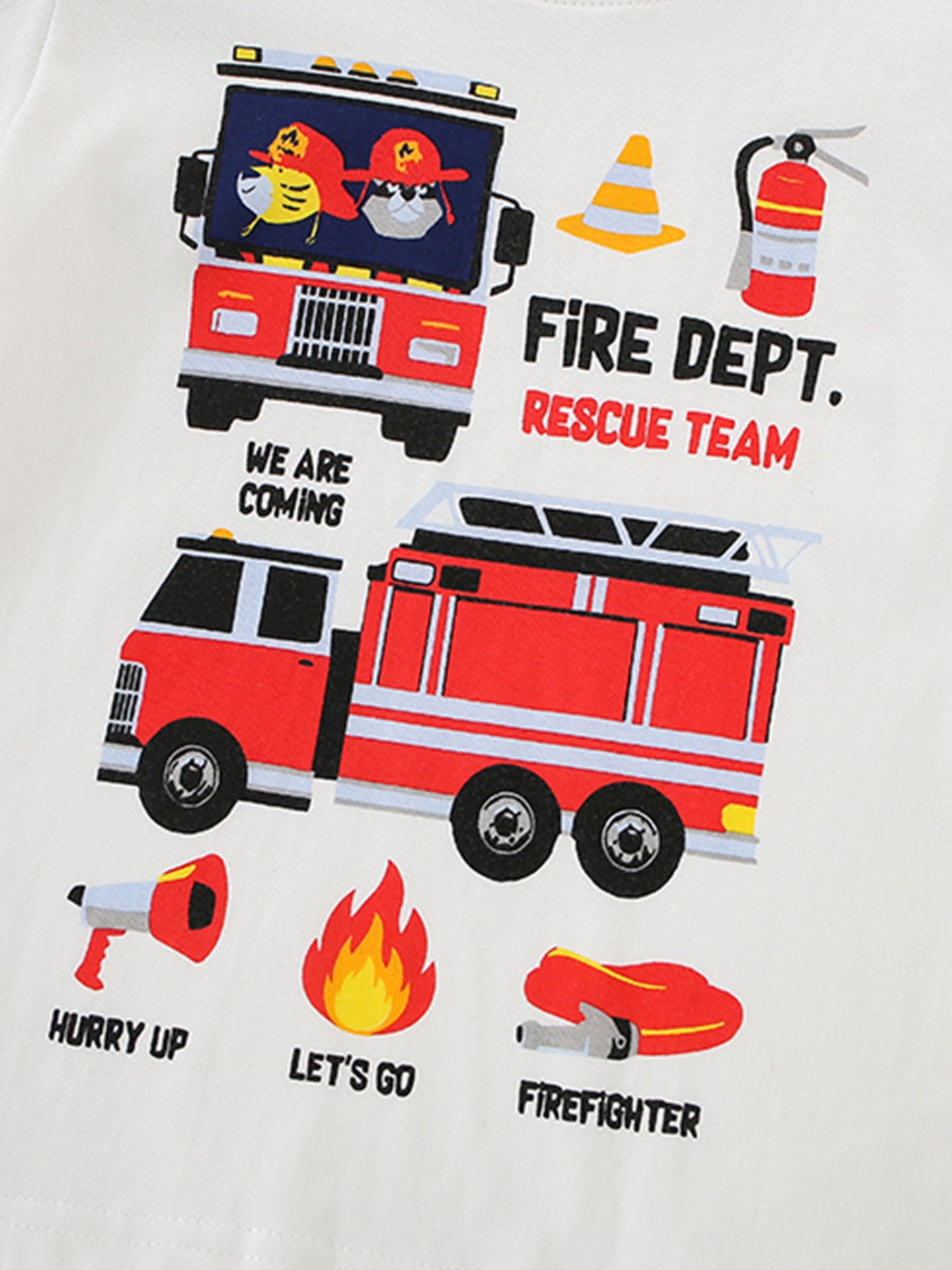 White cotton crew neck toddler tee with playful fire truck graphics and rescue team text.