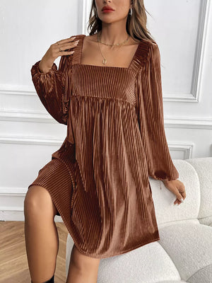 Brown velvet mini dress with square neckline and long sleeves