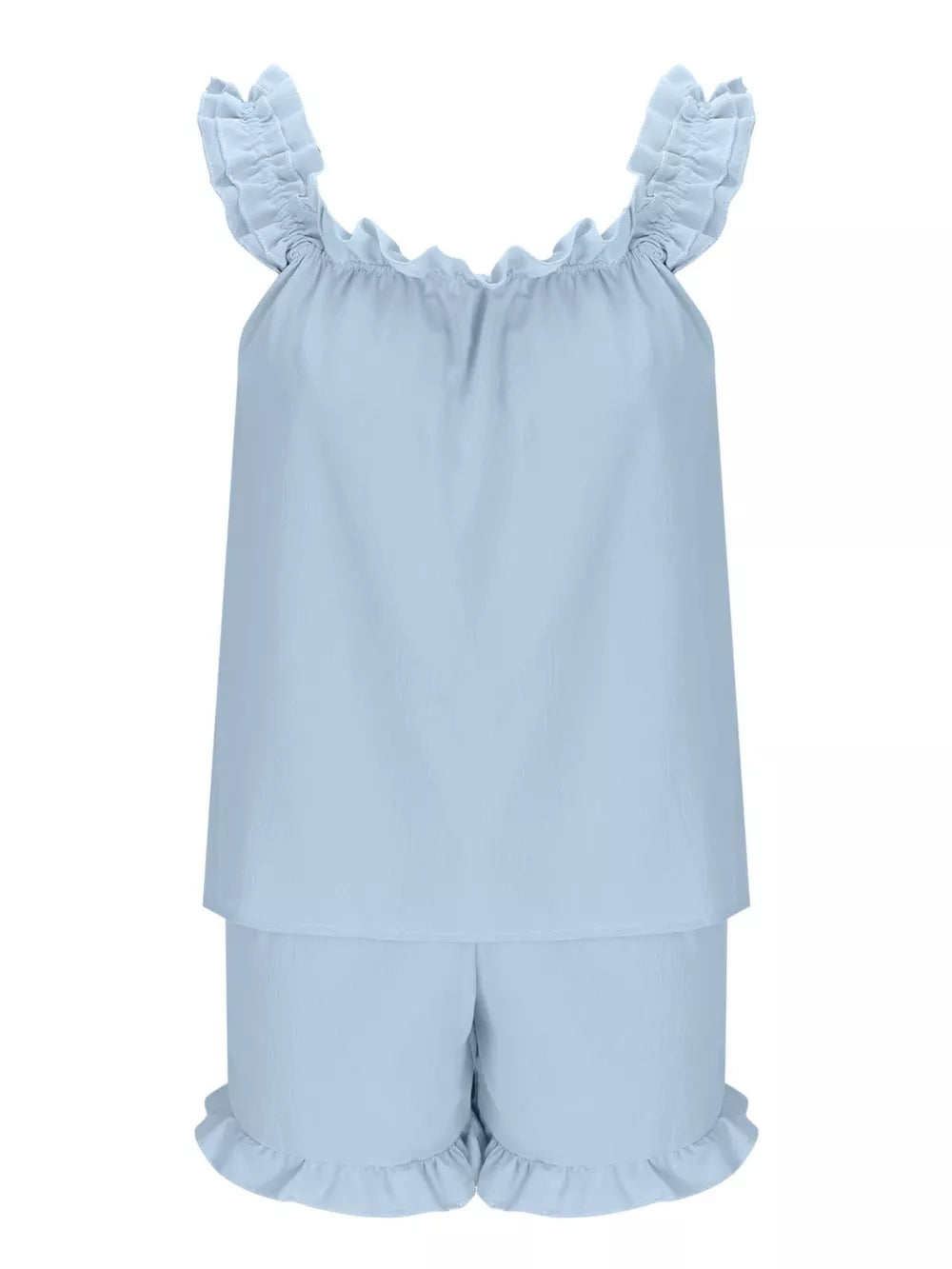 Light blue ruffled pajama set with cami top and shorts.