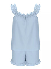 Light blue ruffled pajama set with cami top and shorts.
