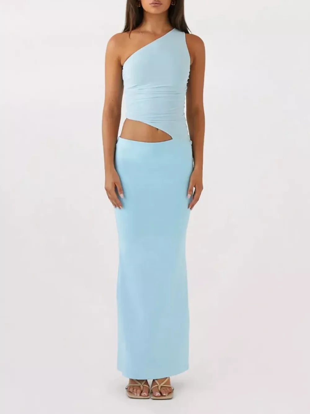 Blue one-shoulder maxi dress with cutout detail and ruched bodice.