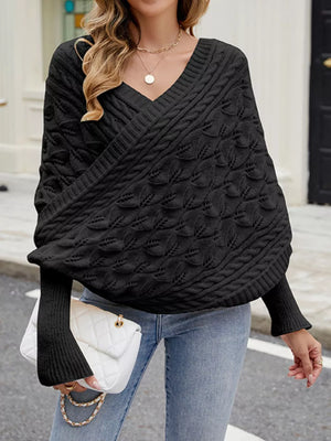 Cable Knit Batwing Sleeve Sweater in Black, front view
