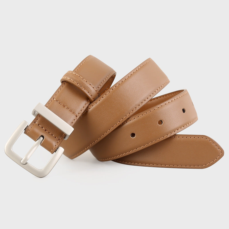 Brown cowhide leather belt with minimalist silver buckle and stitched edges.