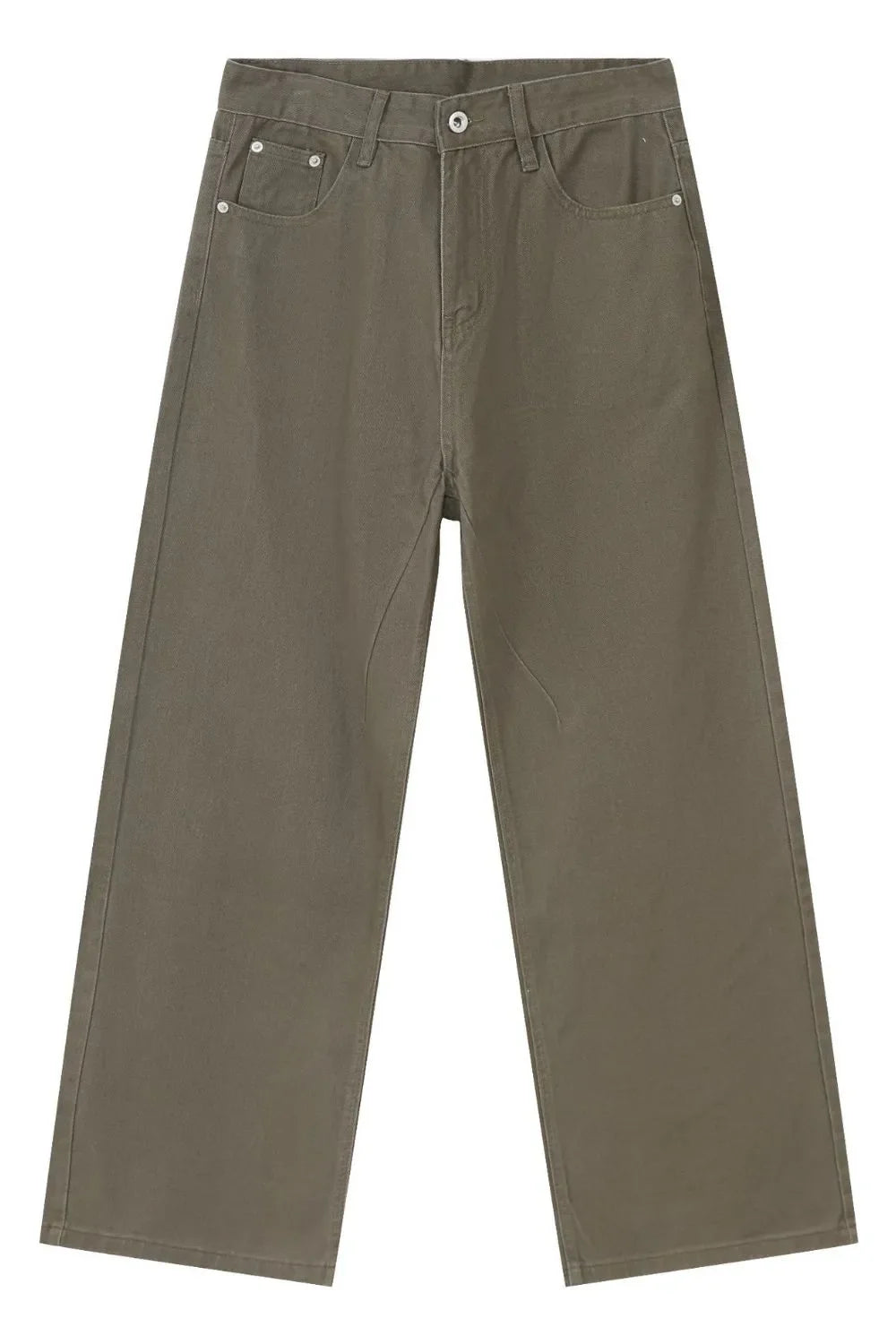 Taupe wide-leg denim trousers with a relaxed silhouette and classic five-pocket styling.