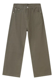 Taupe wide-leg denim trousers with a relaxed silhouette and classic five-pocket styling.