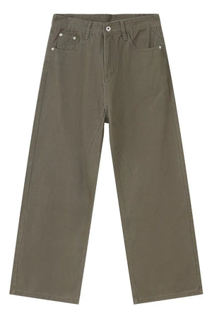 Taupe wide-leg denim trousers with a relaxed silhouette and classic five-pocket styling.