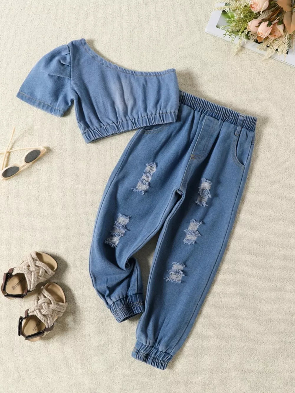 Children's One Shoulder Top And Distressed Jeans Set, front view