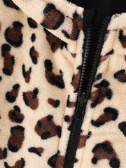 Kids leopard print hooded jacket with black zipper detail
