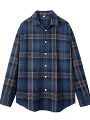 Relaxed fit collared cotton button-up shirt in Blue Coffee Grid plaid.