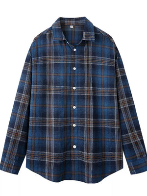 Relaxed fit collared cotton button-up shirt in Blue Coffee Grid plaid.