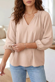 Gathered Cuff V-neck Blouse