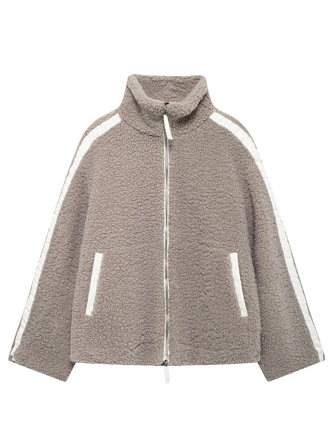 Dust Storm teddy fleece zip-up jacket with white contrast piping and zip pockets.