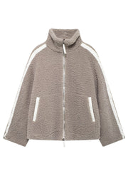 Dust Storm teddy fleece zip-up jacket with white contrast piping and zip pockets.