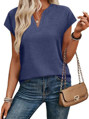 Blue heathered t-shirt with notched V-neck and short sleeves.