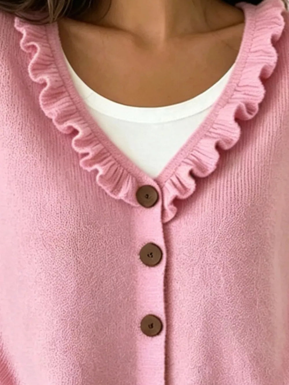 Ruffled Neckline Button-up Cardigan in White, back view