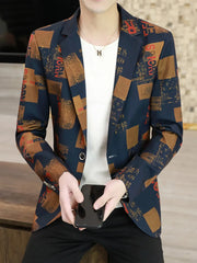 Men's slim fit blazer in navy with abstract print, buttoned front, and notched lapels.