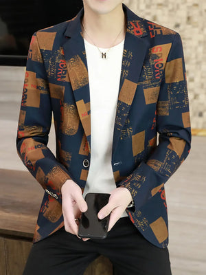 Men's slim fit blazer in navy with abstract print, buttoned front, and notched lapels.