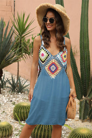 Sky blue cover-up dress with colorful crochet yoke detail and V-neckline