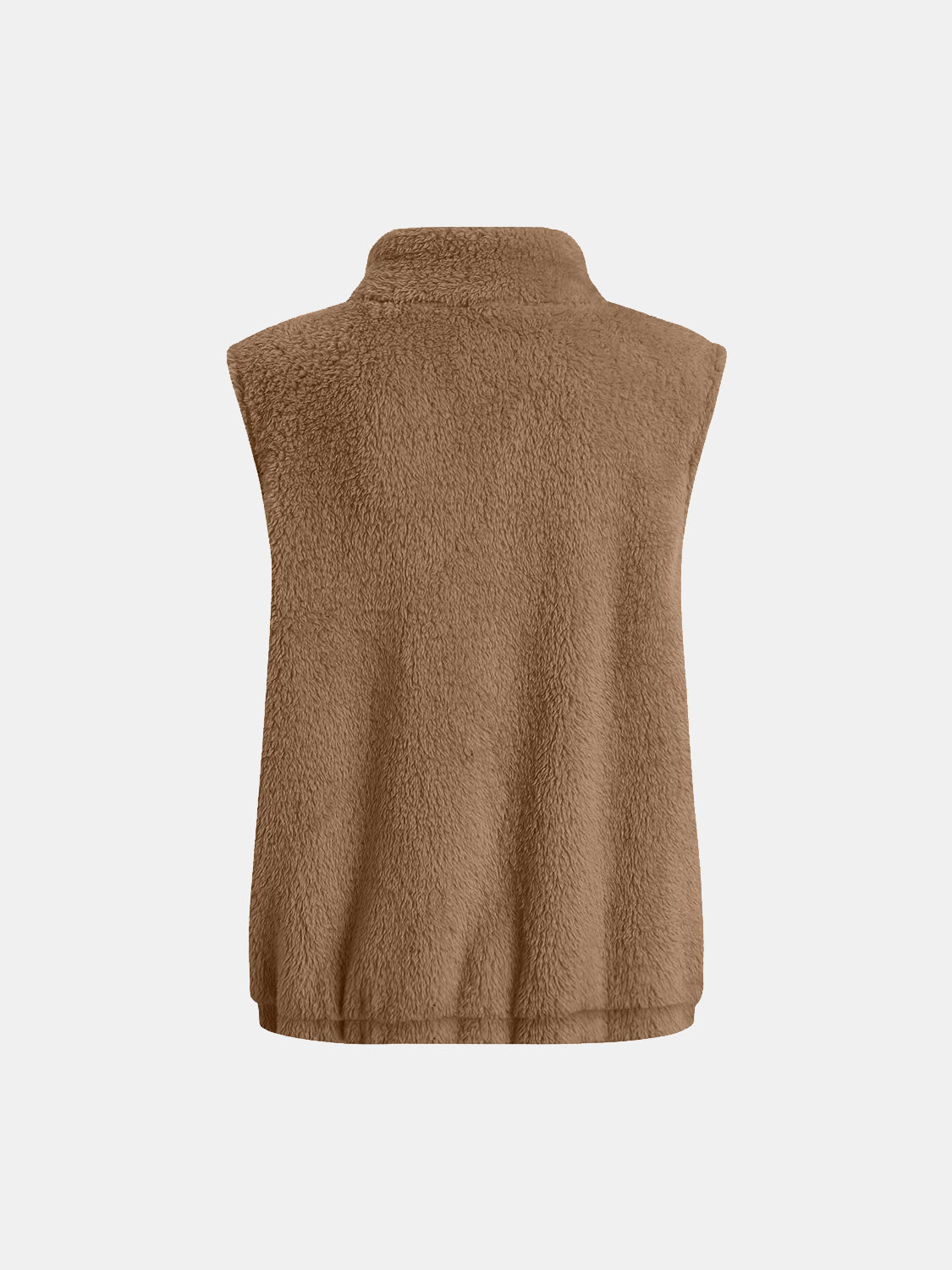 Teddy fleece stand-collar vest in camel, sleeveless with elastic hem.