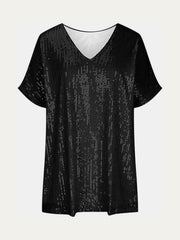 Black sequin slouchy V-neck top with short sleeves.