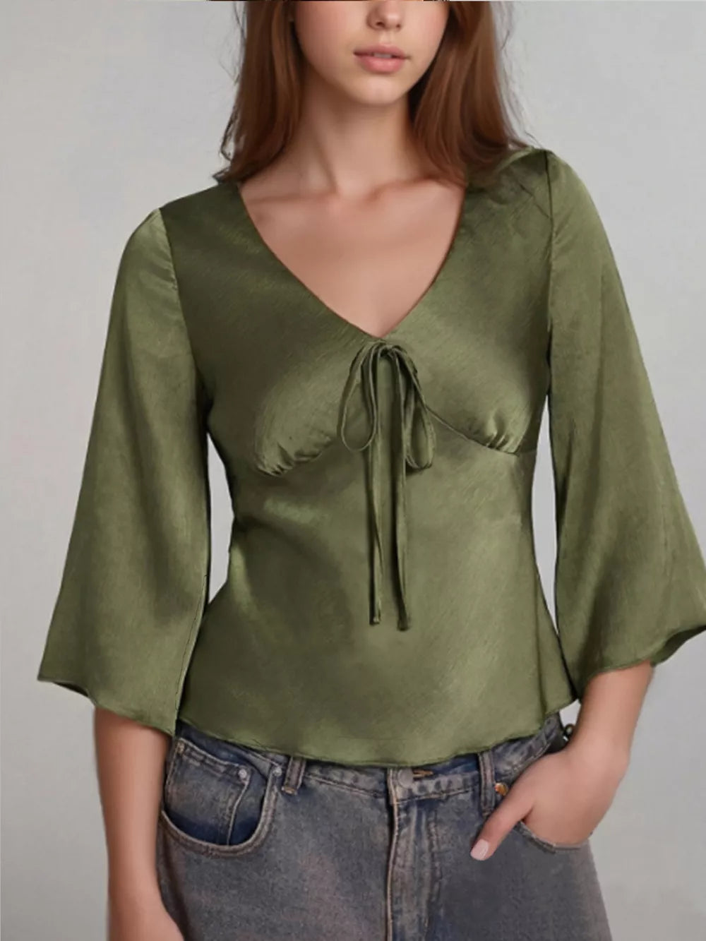 Olive green satin V-neck tie-front blouse with bell sleeves