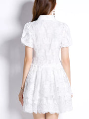 White lace mini dress with puff sleeves and tiered skirt.