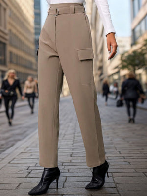 Mocha cargo pants with a belted waist and straight leg, styled with black heeled boots.
