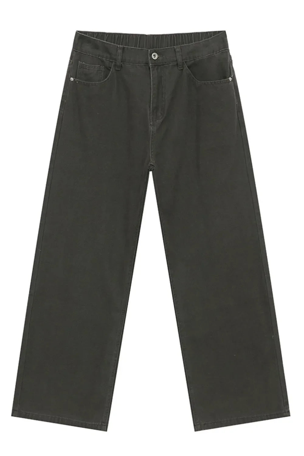 Dark gray elastic waist straight-leg denim jeans with a casual, basic style.