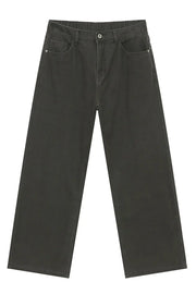 Dark gray elastic waist straight-leg denim jeans with a casual, basic style.