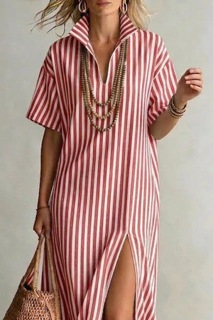 Red and white striped V-neck maxi dress with a high slit and short sleeves.