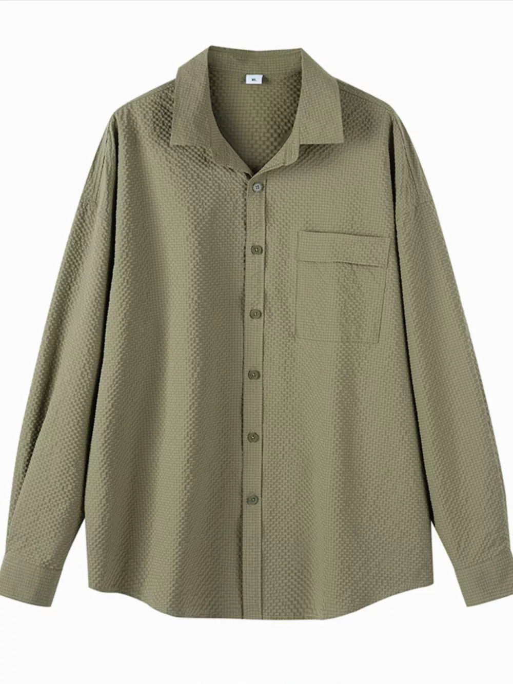 Pea green textured oversized button-up shirt with a chest pocket and classic collar.