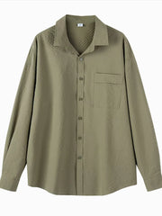 Pea green textured oversized button-up shirt with a chest pocket and classic collar.