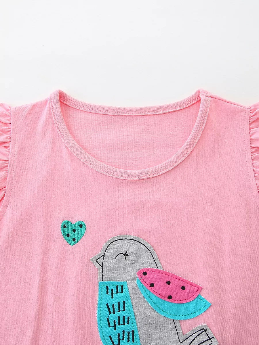 Pink cotton toddler tee with bird graphic, watermelon wing, and ruffled sleeves.