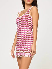 Openwork Chevron Knit Tank Dress in Fuchsia Pink, model styling view