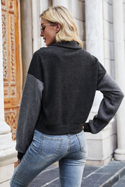 Colorblock fleece bomber jacket in dark gray with a relaxed fit and crew neck.