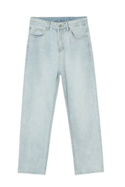 Relaxed fit light wash denim jeans with a straight leg cut.