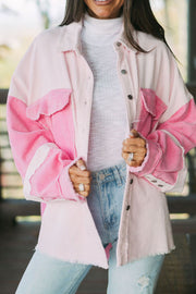 Colorblock corduroy shacket in blush pink with raw edges and button front.