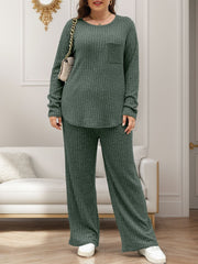 Army green ribbed knit lounge set with long sleeves, crew neck, and pocket detail on top.