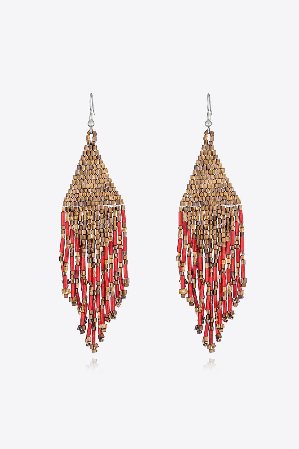 Prismatic beaded fringe earrings in gold and red with a cascading design.