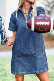 Denim collared mini shift dress with zip front and patch pockets, above knee length.
