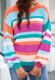Rainbow stripe knit sweater with balloon sleeves and crew neck.