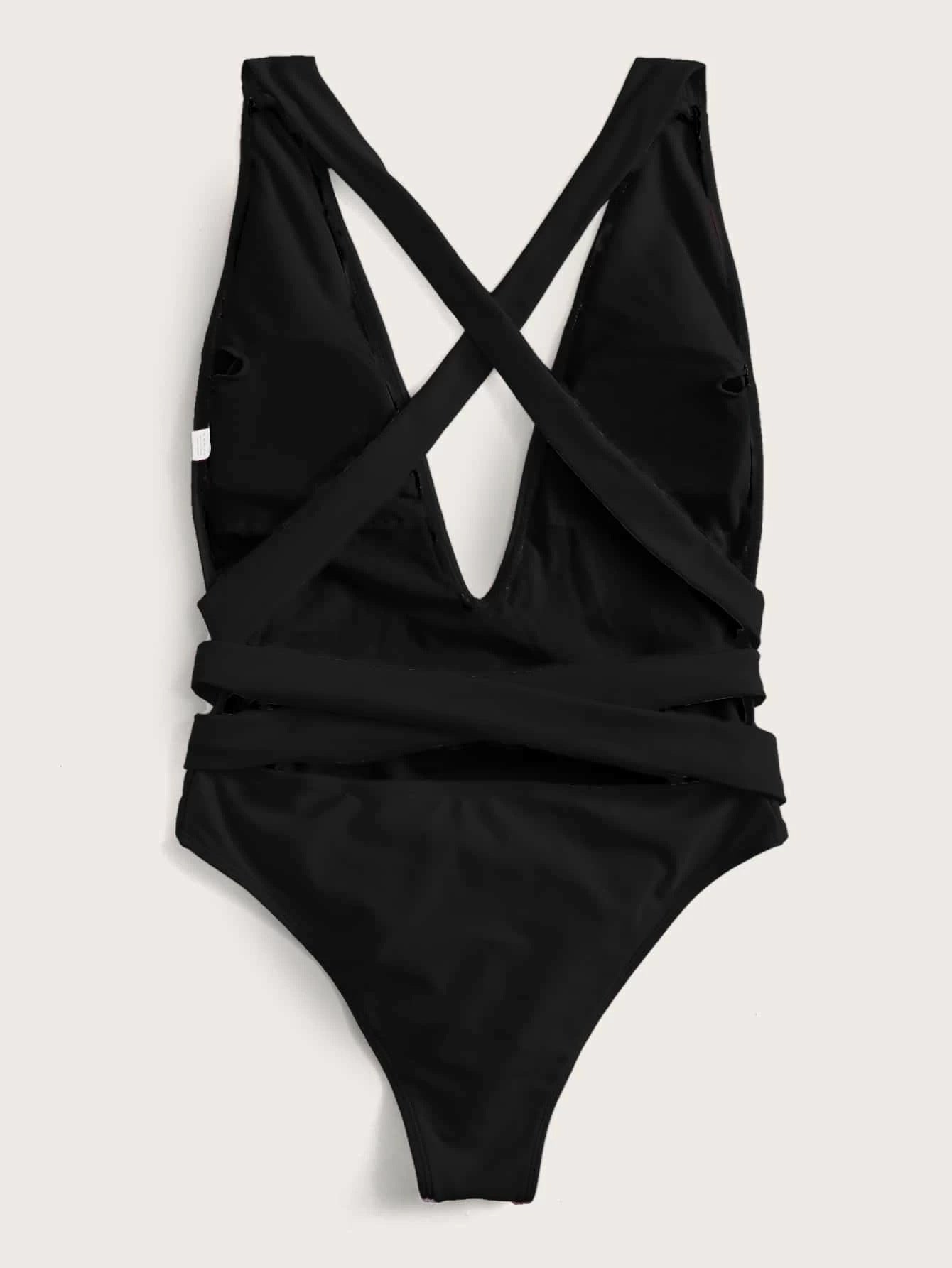 Black wrap-around halterneck plunge swimsuit with crisscross back detail.