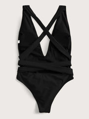 Black wrap-around halterneck plunge swimsuit with crisscross back detail.