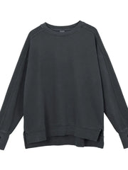Dark gray oversized sweatshirt with raw-edge seams and crewneck.
