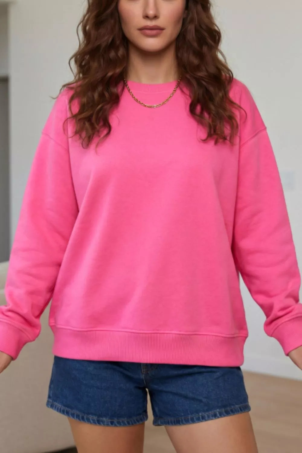 Slogan Print Round Neck Long Sleeve Sweatshirt in Hot Pink, front view