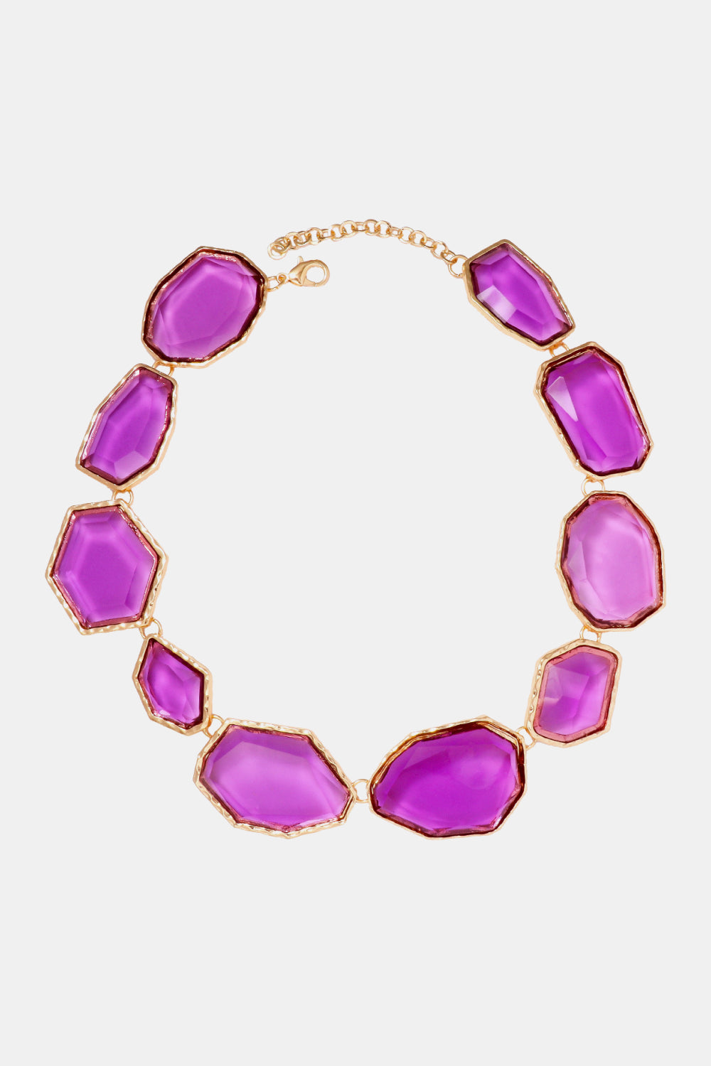 Prismatic resin stone collar necklace in multicolor with gold alloy chain and clasp.