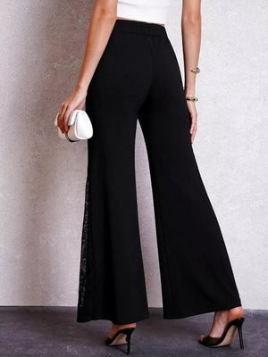 Black high-waist wide-leg pants with lace trim detail on the side.
